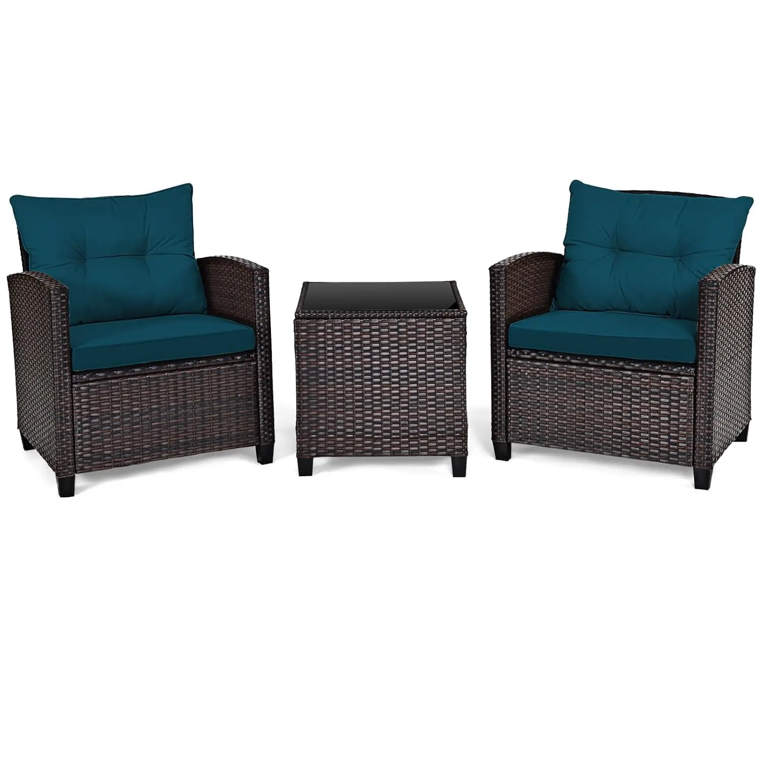 PE Rattan Wicker Patio Sofa Set 3 Pieces with Washable Cushion & Glass Table for Porch Balcony Garden Poolside, Customized