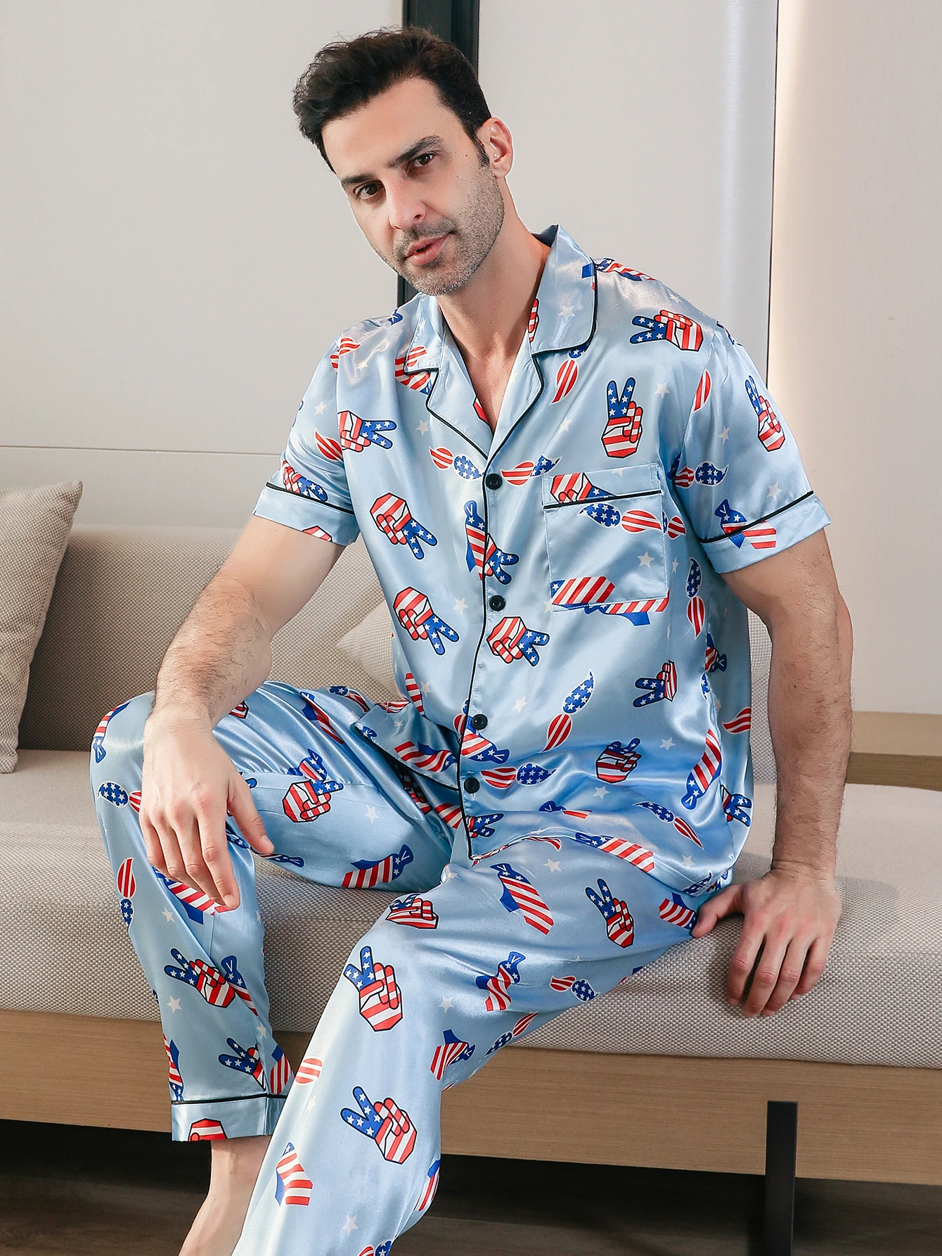 Conjunto de pijama de dos piezas para hombre pantalones de manga corta de verano ropa de casa con estampado de gestos de mano ropa de dormir