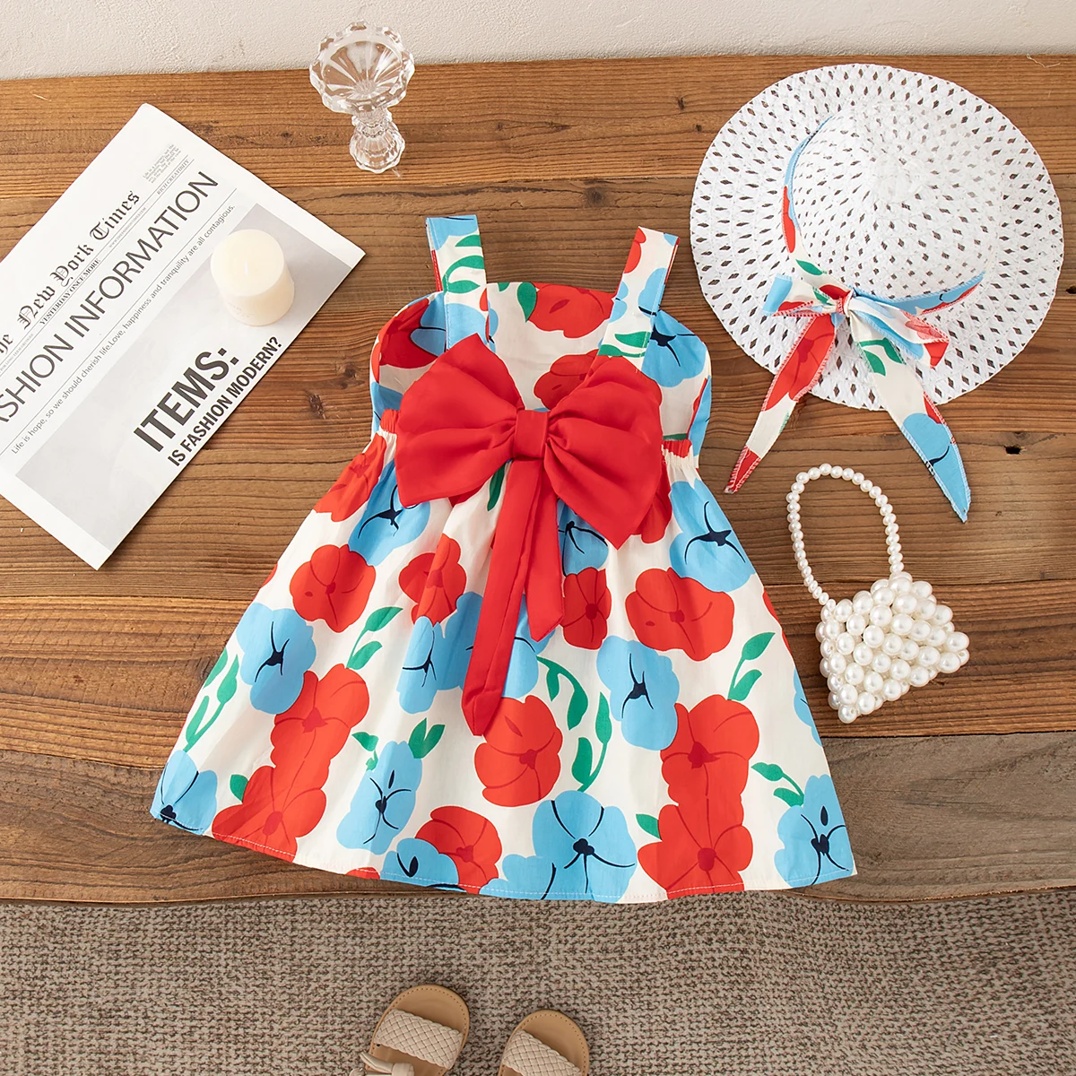 (0-3 Year Old Baby Girl Dress) Summer New Sweet Bow+Flower Print Children'S Sleeveless Clothes With Free Hat For Beach Parties