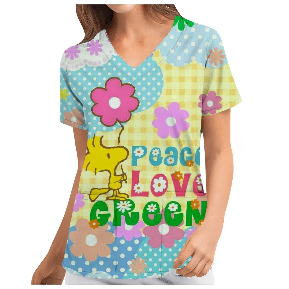 

Women Nurse T-Shirt Workers Snoopy print Short Sleeve Pocket V Neck Nursed T Shirts Scrub Uniform Workwear Carer Working Tops