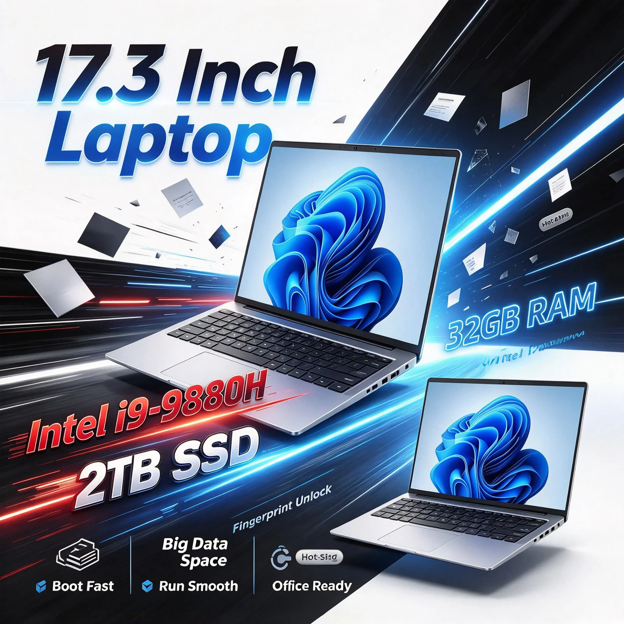 17.3 Inch Professional Notebook Intel Core i9 9880H Octa Core 32GB DDR4 RAM 2TB SSD Fingerprint Reader Unlock Backlit Keyboard