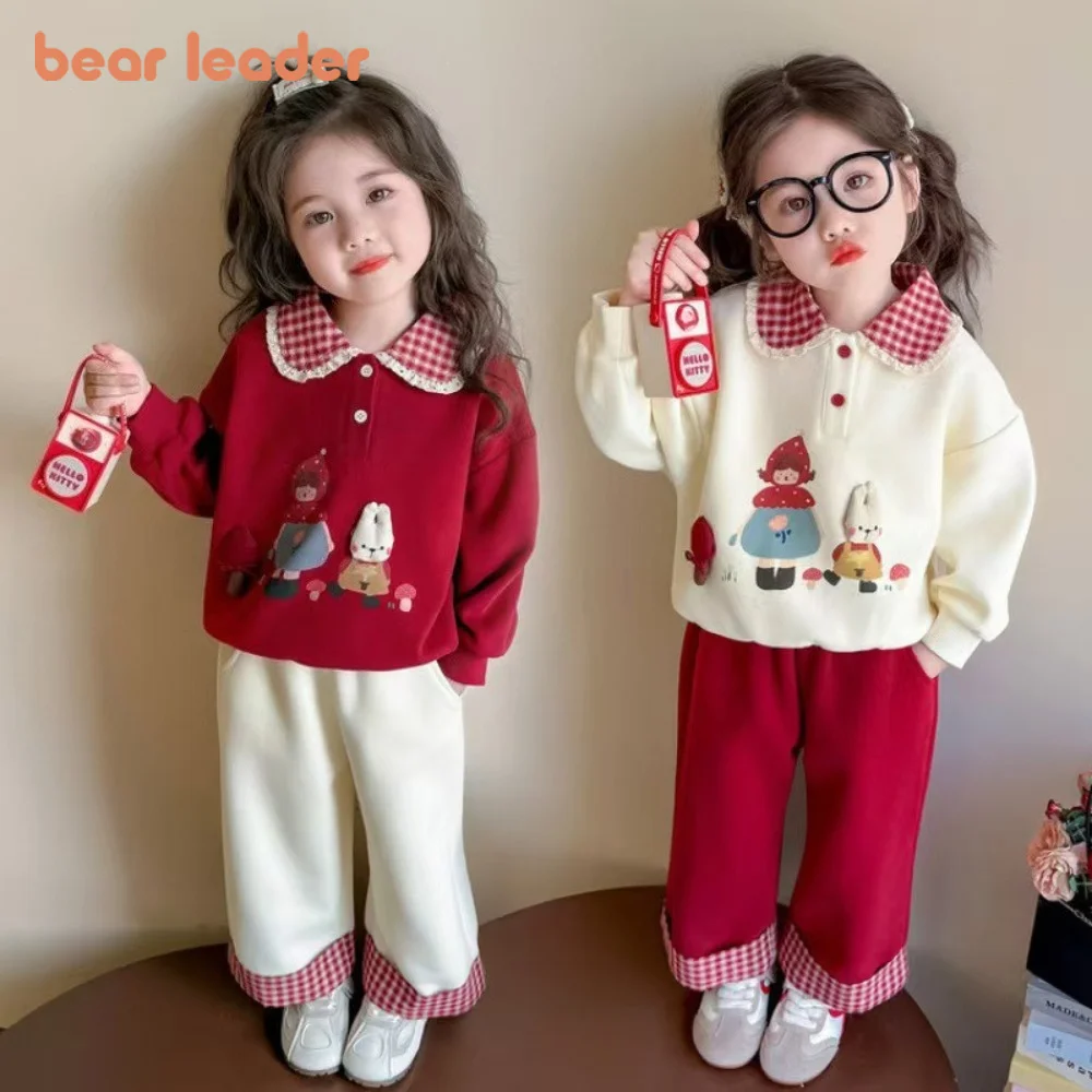 Bear Leader Christmas Children's Clothing Red Girls' Clothes Set Autumn Mushroom Bunny Print Long Sleeved Plaid Collar Top+Pants