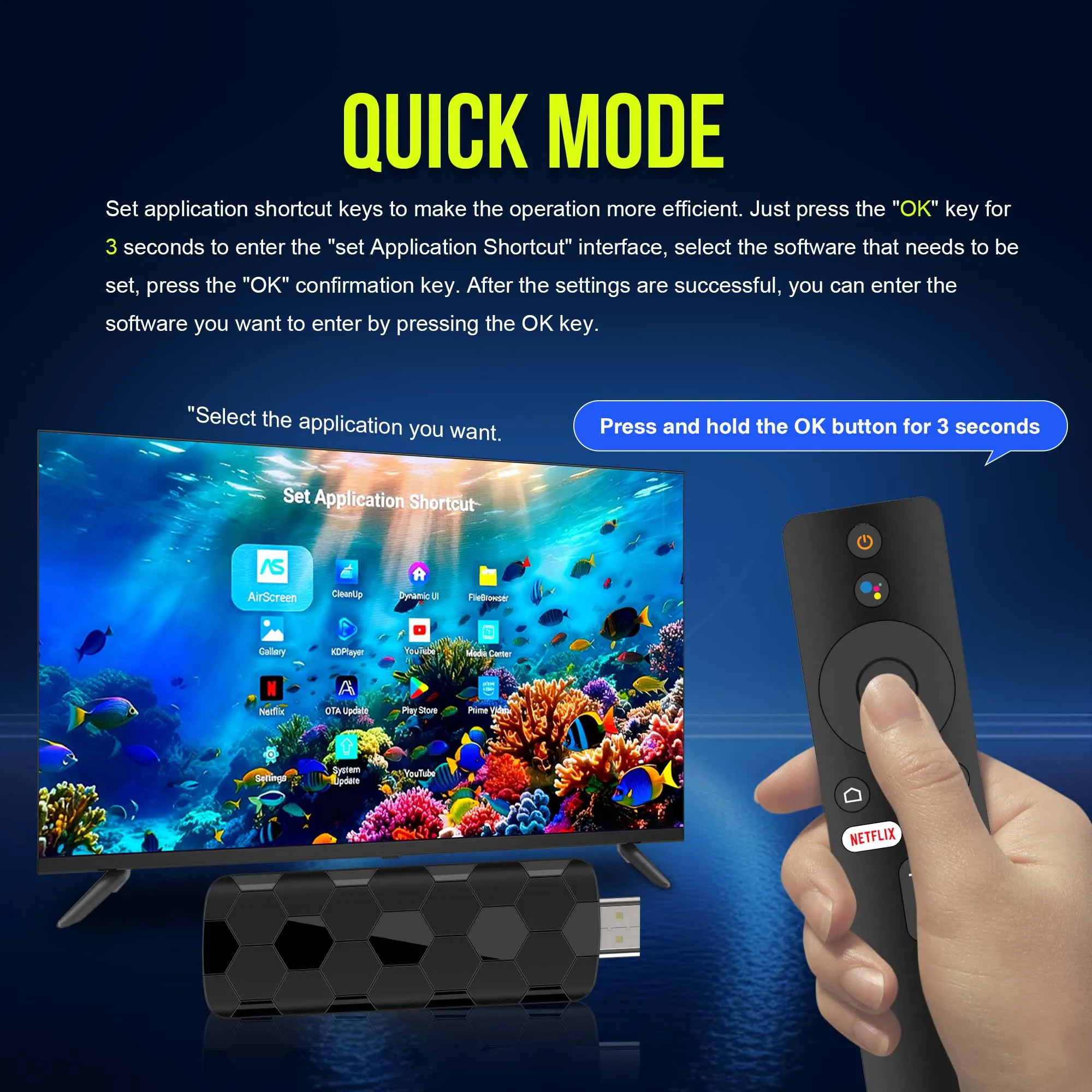 2025 Neuer R3+ Smart Android TV Stick Rockchip RK3518 mit Wifi6 Dual Brand 8 GB 128 GB 8K 3D HDR Google Voice Remote DC 5V 2A – Detail 7