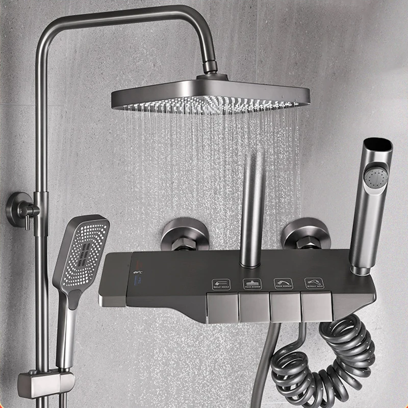 Newly Piano Bathroom Shower Set Quality Brass Chrome Thermostatic Bath Shower System Hot Cold Grey Piano Bathroom Mixer Faucets