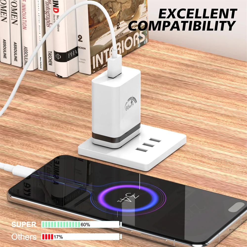 Cargador USB de carga rápida para teléfono móvil, adaptador de corriente para iPhone 15, Samsung, Xiaomi, enchufe europeo y estadounidense, 66W, 3,0