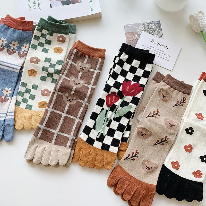 Cartoon Five-finger Socks Women Spring And Autumn 5 Split Toe Socks Set Cute Cotton Socks