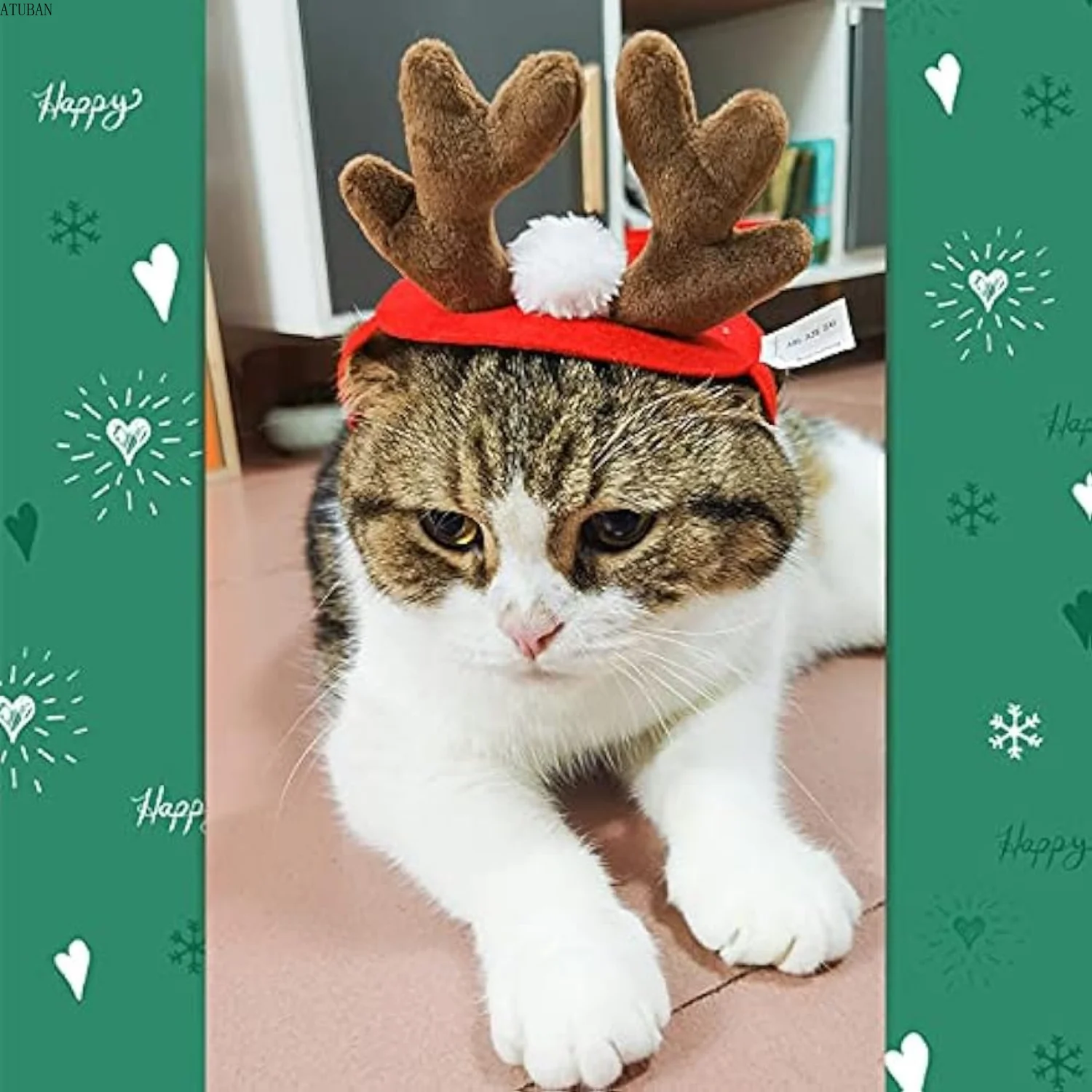 ATUBAN  Small Dog Costume Christmas , Cat Santa Pet Christmas Reindeer Antlers with Scarf for Cat, Small Dog puppy accessories