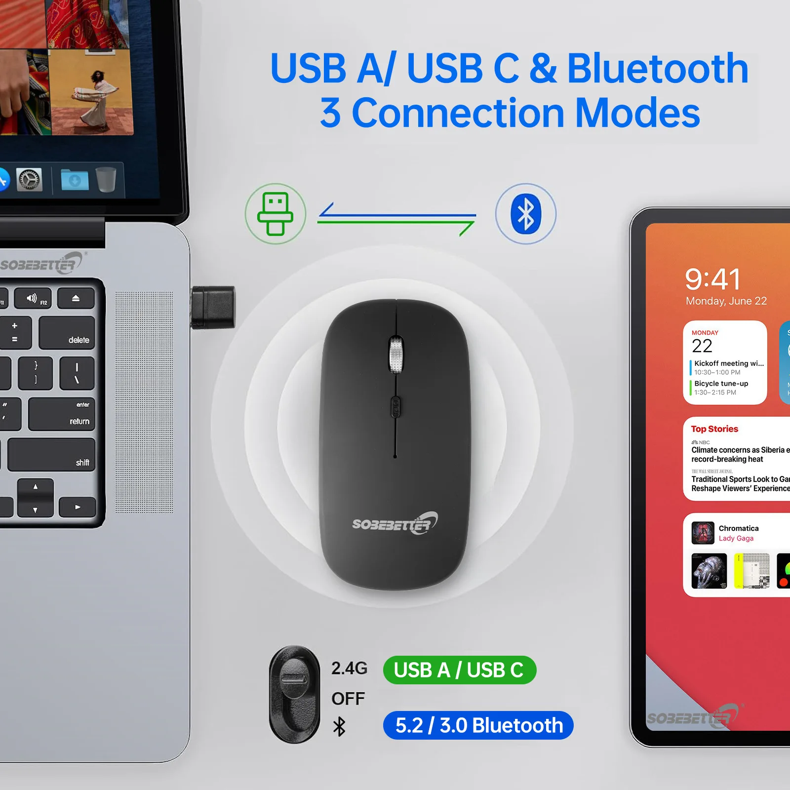 Premium Wireless Bluetooth Mouse for MacBook, Type-C Dual Port Computer Mouse, Compatible with Laptop, Tablet and Smartphone