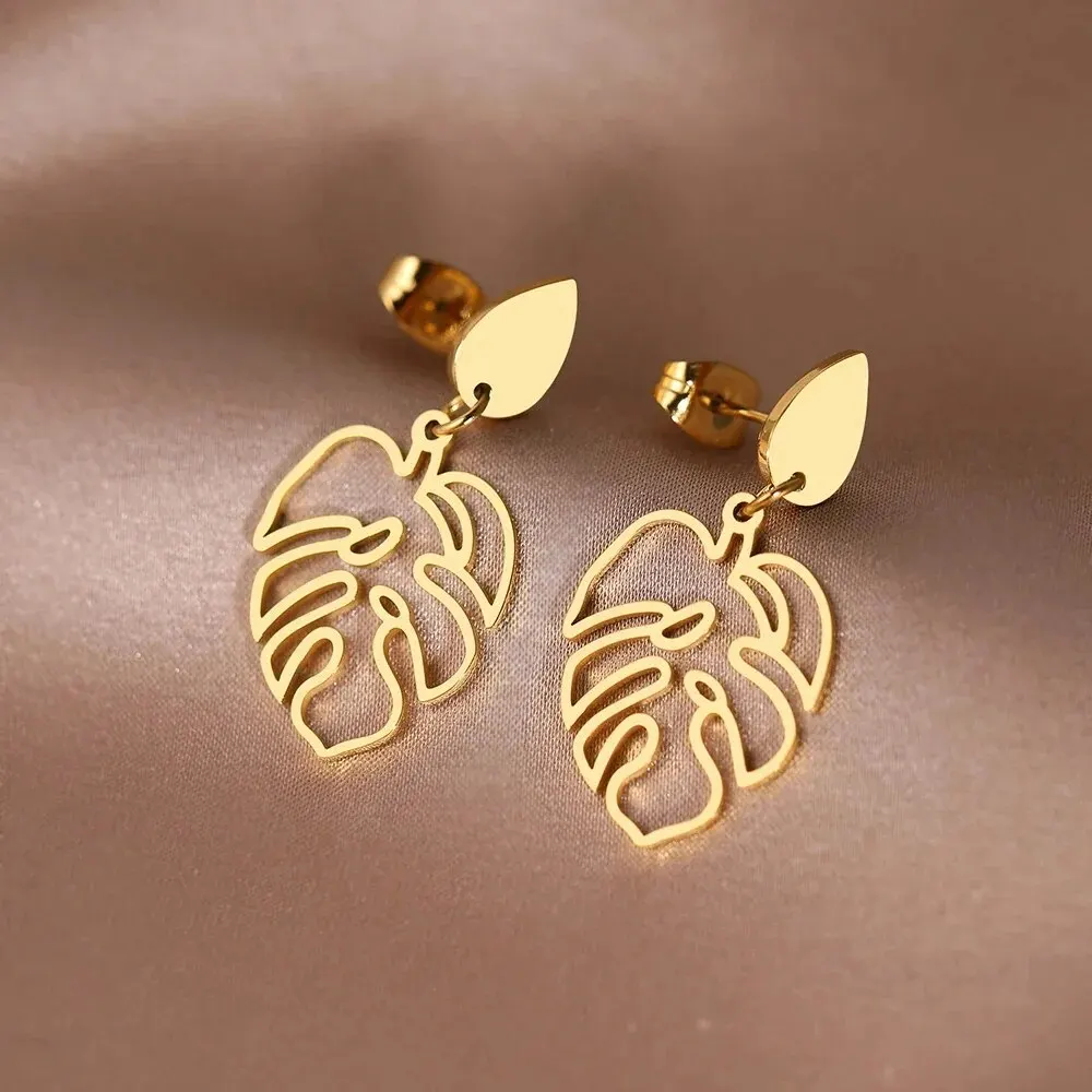 Gold Color Metal Hallowout Leaves Drop Earrings Silver Color Geometric Cut Out Women Fashion Earrings Girls Cute Daily Wear