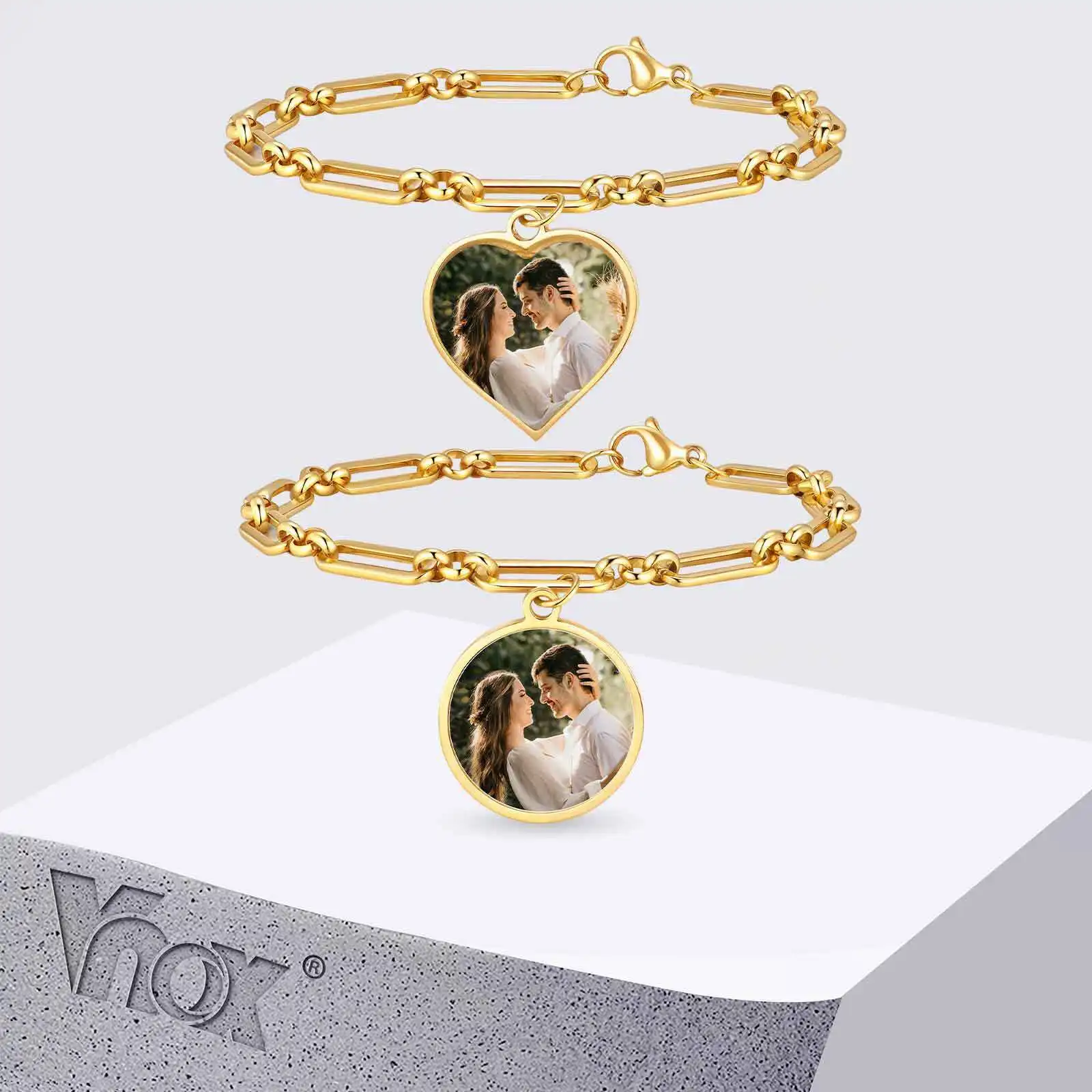 

Vnox Custom Photo Heart Round Shape Pendant, Stainless Steel Link Chain Bracelet, Memorial Picture Jewelry Gifts