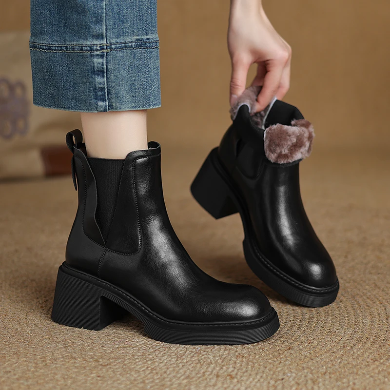2026 new autumn winter women ankle boots natural leather 22-25cm split leather+wool round toe thick heel chelsea boots