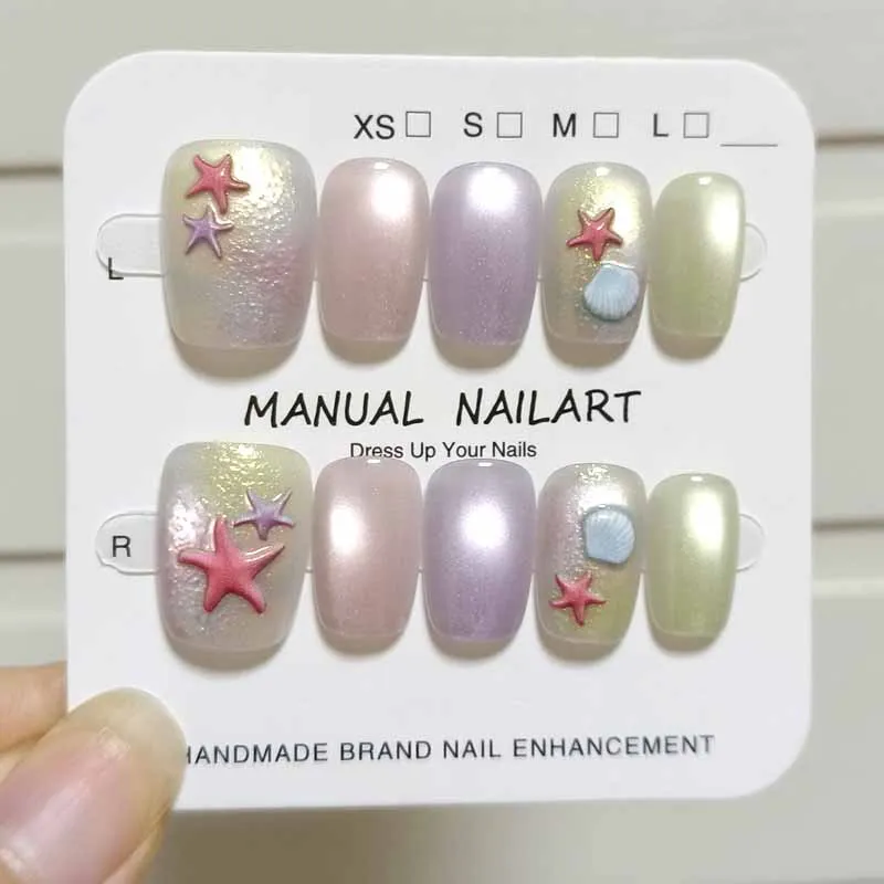 10 Stück bunte Muscheln, Seestern, zum Aufdrücken der Nägel, einfacher quadratischer Kopf, künstliche Nägel, Mädchen, vergoldet, rosa, zarte kleine Schmetterlings-Nagelspitzen