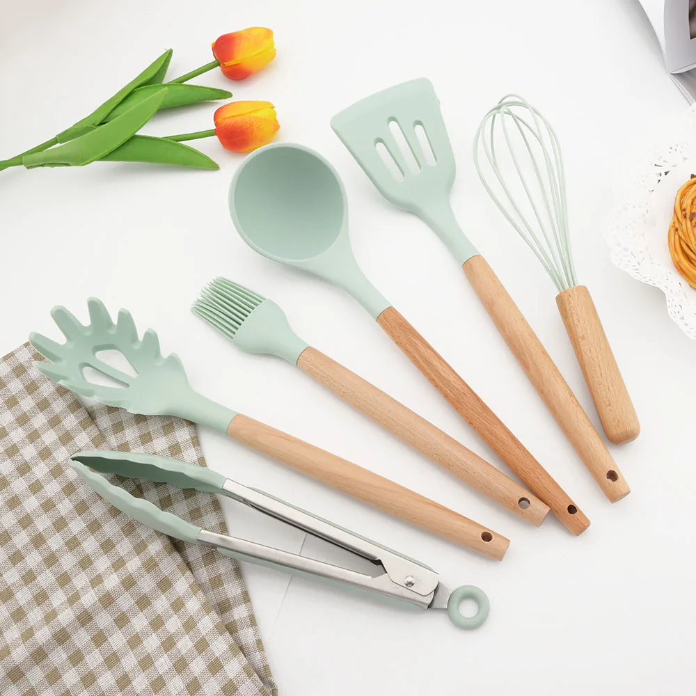 1Pcs Mint Green Silicone Cooking Utensils Set Non-Stick Spatula Shovel Wooden Handle Cooking Tools Set Kitchen Tool Accessories