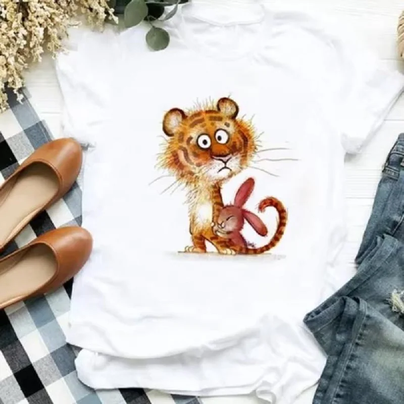 Funny Animal Cat Dog Elephant Animal Print Cartoon Cute Simple Bottom Shirt Top Women's T-shirt Tops TEE