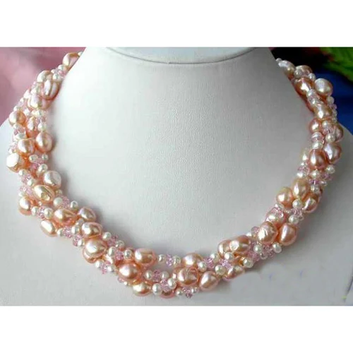 

Favorite Pearl Jewelry,4 Row Pink Crystal Beads Baroque Freshwater Pearl Necklace,Wedding Birthday Party Charming Lady Gift