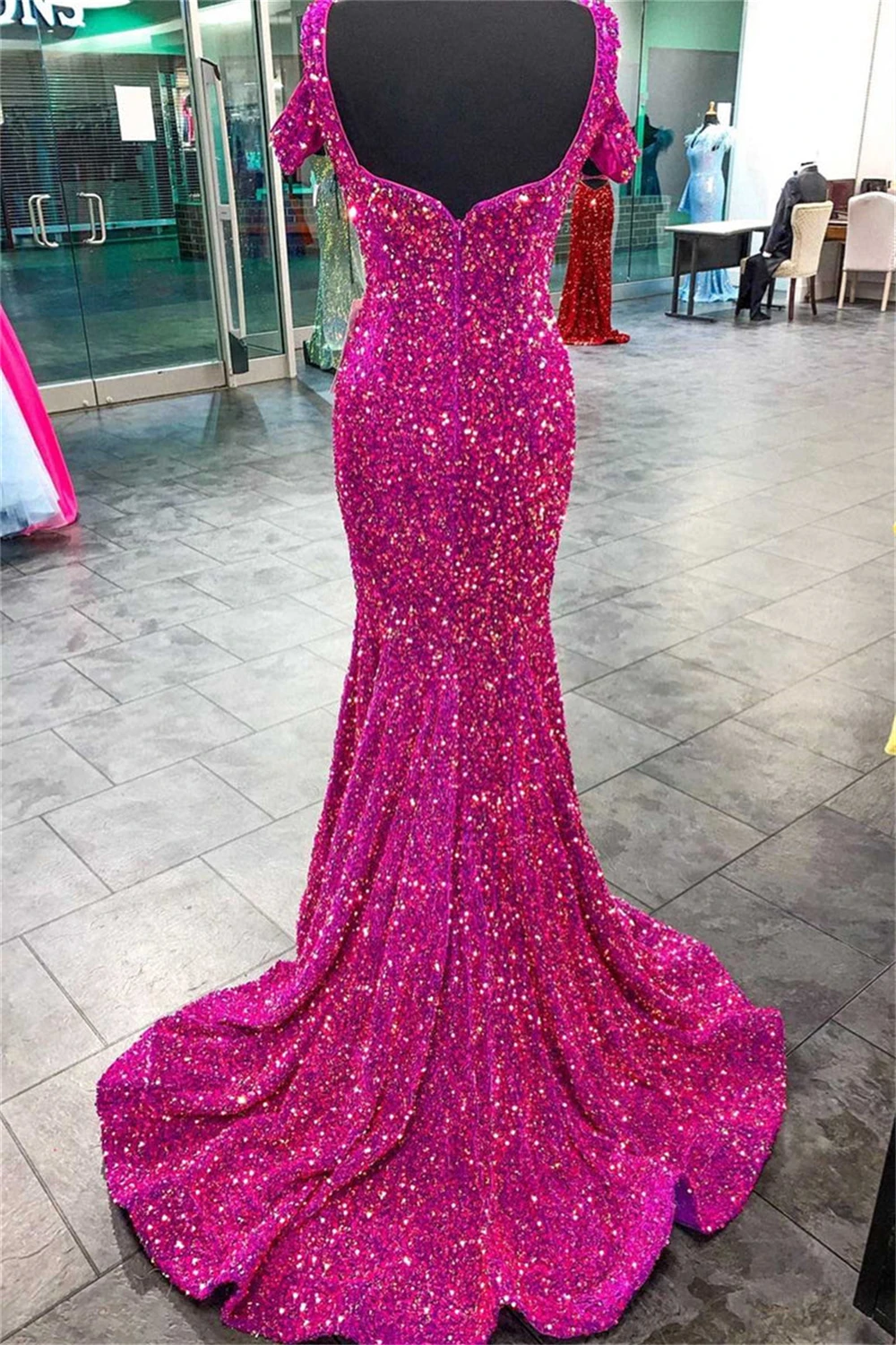 Vestido de cóctel de lentejuelas con cuello en V, hombros descubiertos, Espalda descubierta, corsé de sirena, largo hasta el suelo, brillante, Formal, fiesta de graduación