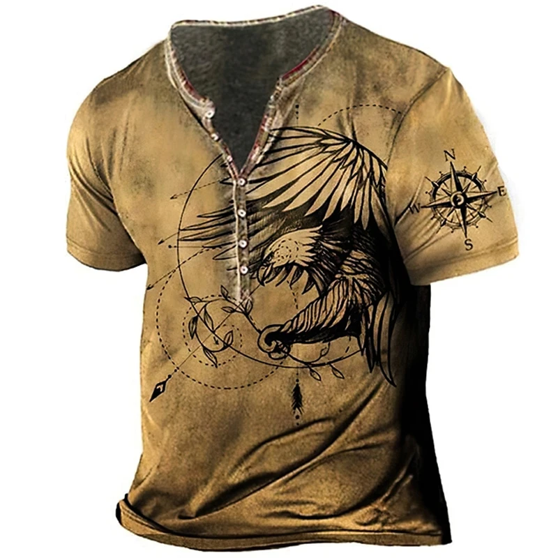 Men Summer Short Sleeve Button Henry Shirt 3D Digital Pritn Casual Round Neck T Shirt Men Slim Fit Hip Hop Tops T Shirt