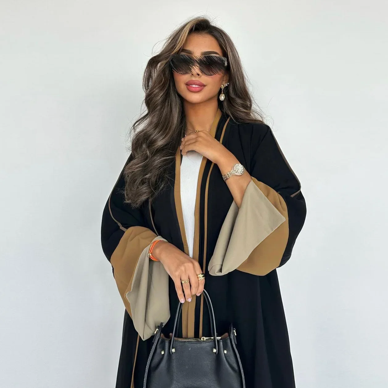 

Dubai Elegant Long Dress Fashion Muslim Women Cardigan Summer Middle East Splicing Big Sleeves Abaya Robe