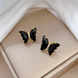 Fashion Crystal Glass Butterfly Stud Earring for Women New Black Transparent Color Animal Jewelry Christmas Girl Gift
