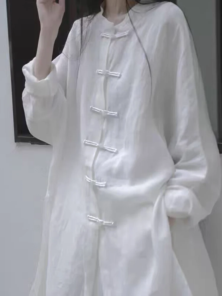 

Chic Zen-Inspired Long Sleeve Stand Collar Shirt plus Size Women's Fashion Spring Cotton Button-Up Casual Loose Fit Top