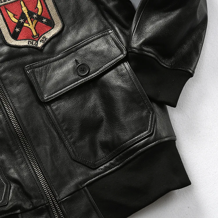 Top Gun 100 % echte Jacken, Rindsleder, Wollkragen, braun, schwarz, Kleidung, Motorrad-Stickerei, Unisex, echter Ledermantel – Detail 8