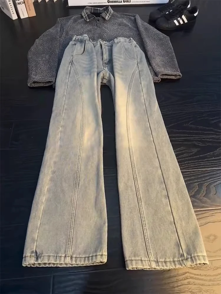 

Retro Blue Fce Lined Flared Jeans Men's Straight Leg Curved Knife High Street American Sle Casual Wear Winter Trousers