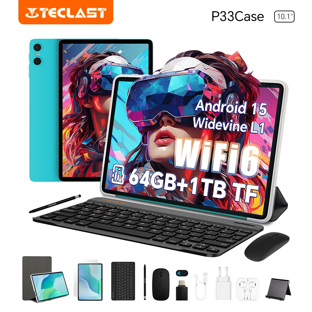 

Чехол для планшета Teclast P33 10.1 дюйма, Android 15, 9 ГБ (3+6 ГБ) ОЗУ, 64 ГБ ПЗУ, Allwinner A333, с клавиатурой, мышью, стилусом, наушниками, 6000 мАч
