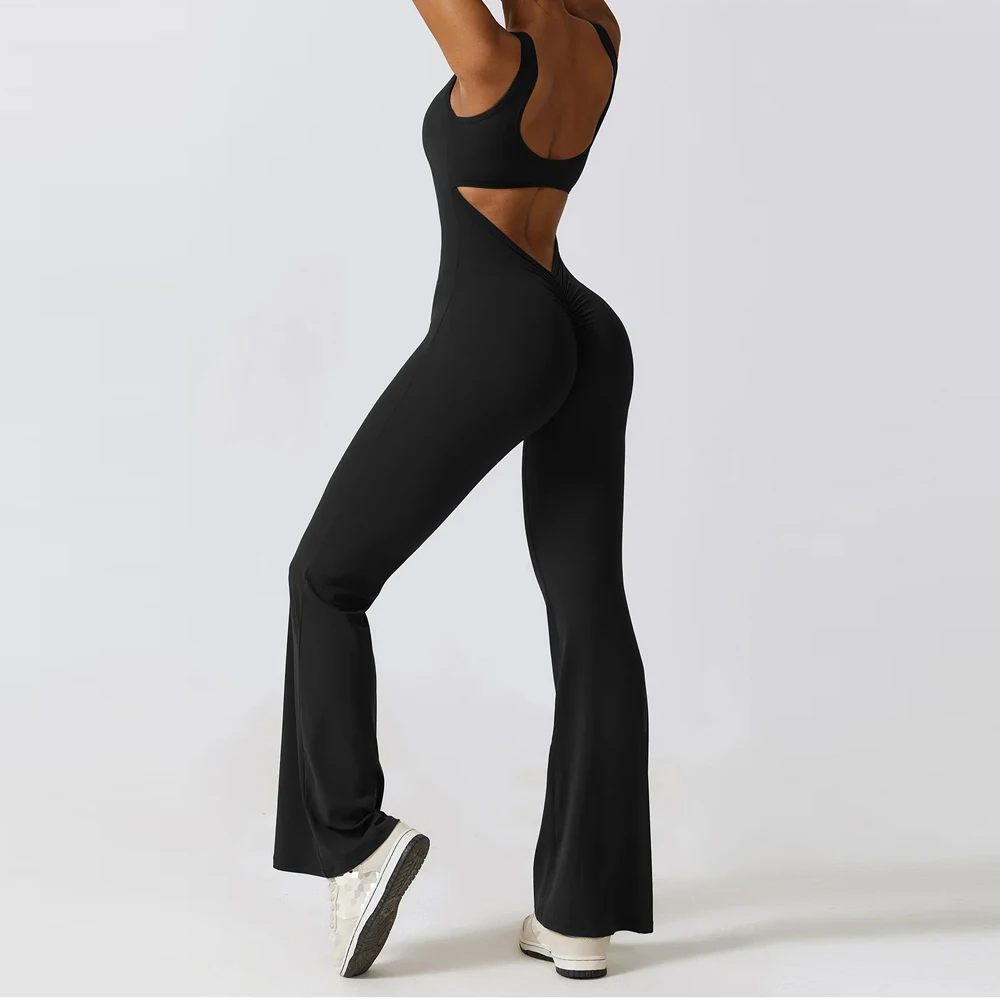 Sexy Hollow Backless Scrunch Gym Flare Jumpsuit Sport Casual Women One Piece Outfits Yoga Dance Jump Suit Black Fitness Overalls