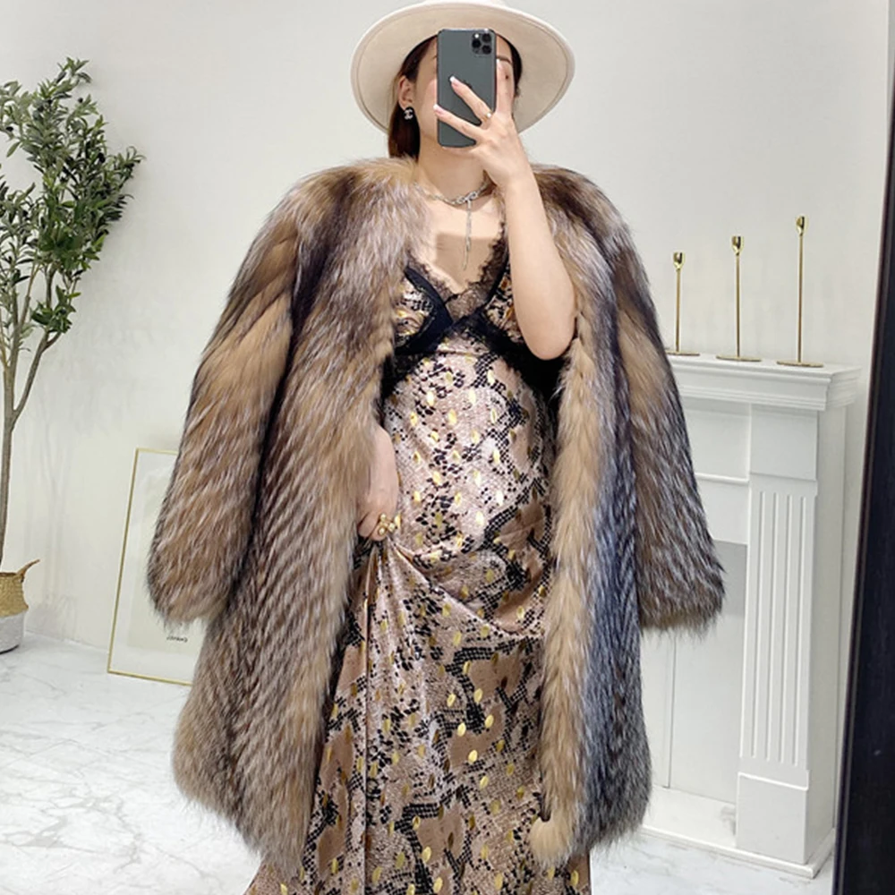 ANNSIRGRA Winter 100% Natural Fox Fur Jacket Long Female Silver Fox Fur Coat V-neck Thick Warm Fashion Luxury Overcoat