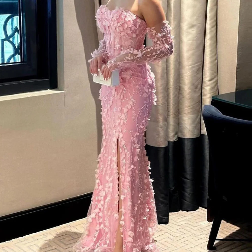 Customized Pink Mermaid Evening Dress with Appliques Lace Beading Sequined Tulle Strapless 3/4 Sleeves Modern Celebrity Gown