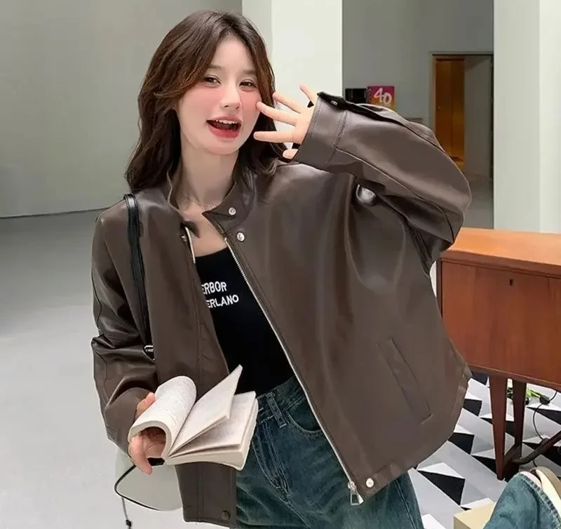 Jaqueta de couro curta marrom feminina estilo motocicleta hong kong tendência vintage americano popular casaco feminino