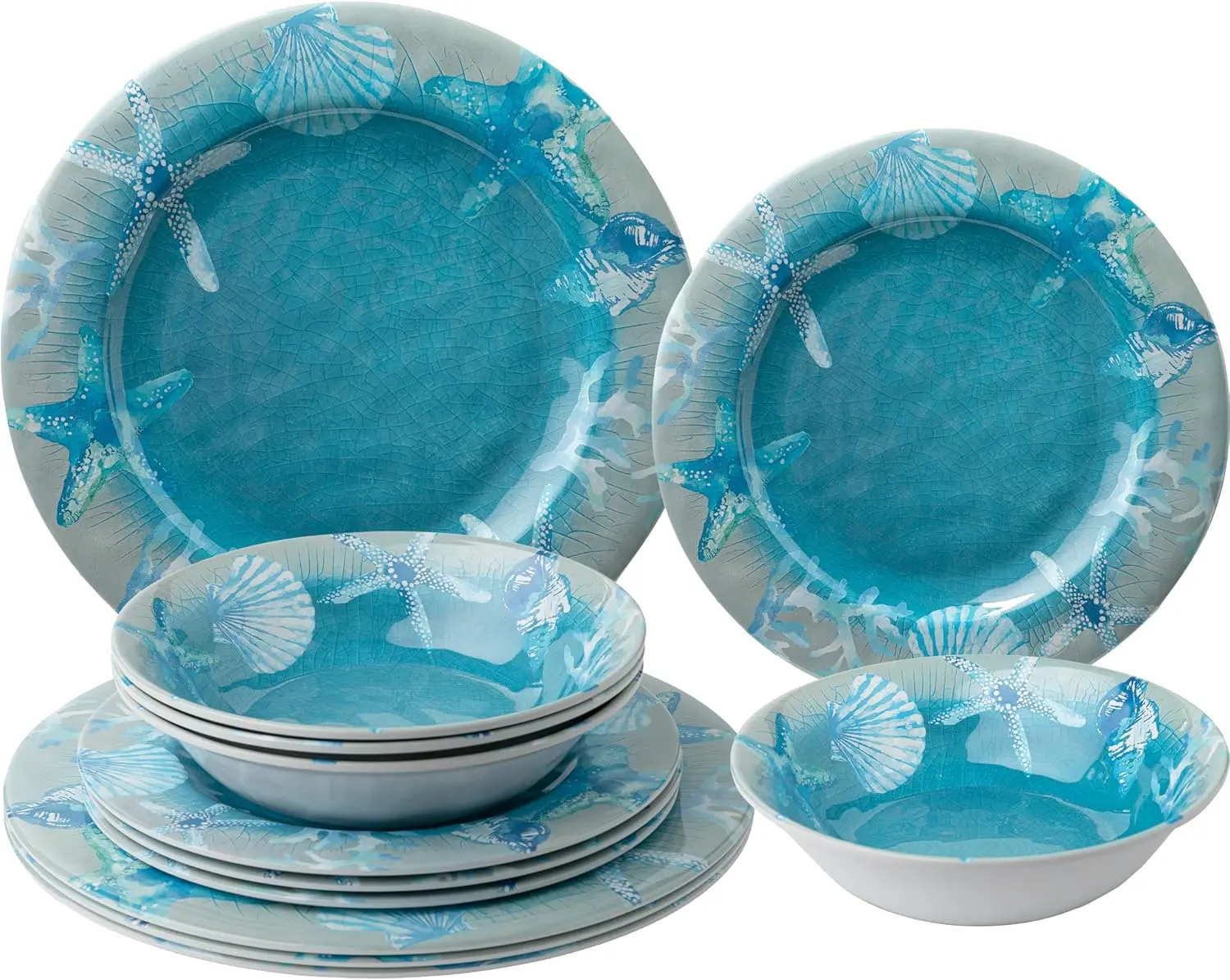 

12 PCS Melamine Dinnerware set, Unbreakable Coastal Plates and Bowls Set, Lightweight Chip Resistant Oceanic Dishes Set,