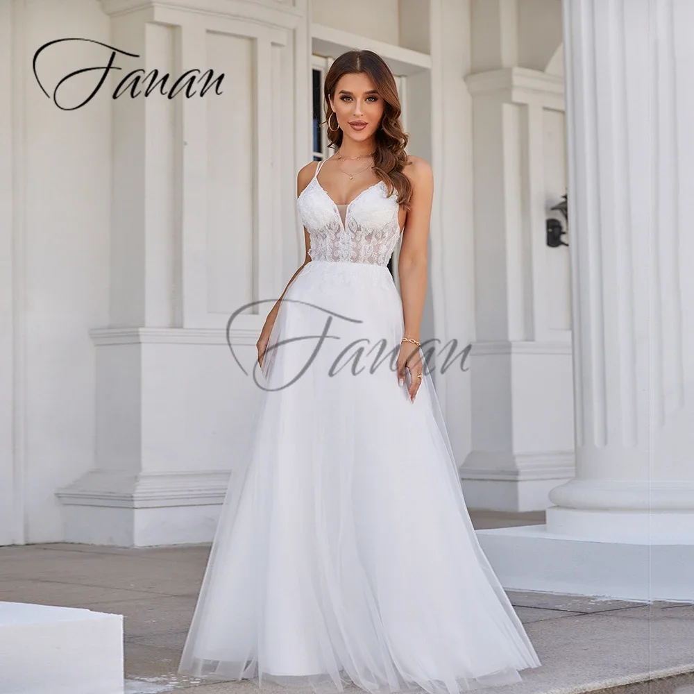 

Sexy V-Neck A-Line Wedding Dresses Backless See-Through Tulle robe de mariée Lace Appliques Prom Gown vestidos novia