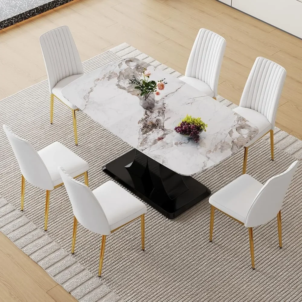 6-piece dining table set, marble rectangular kitchen table with PU leather cushioned dining chairs 6-piece set