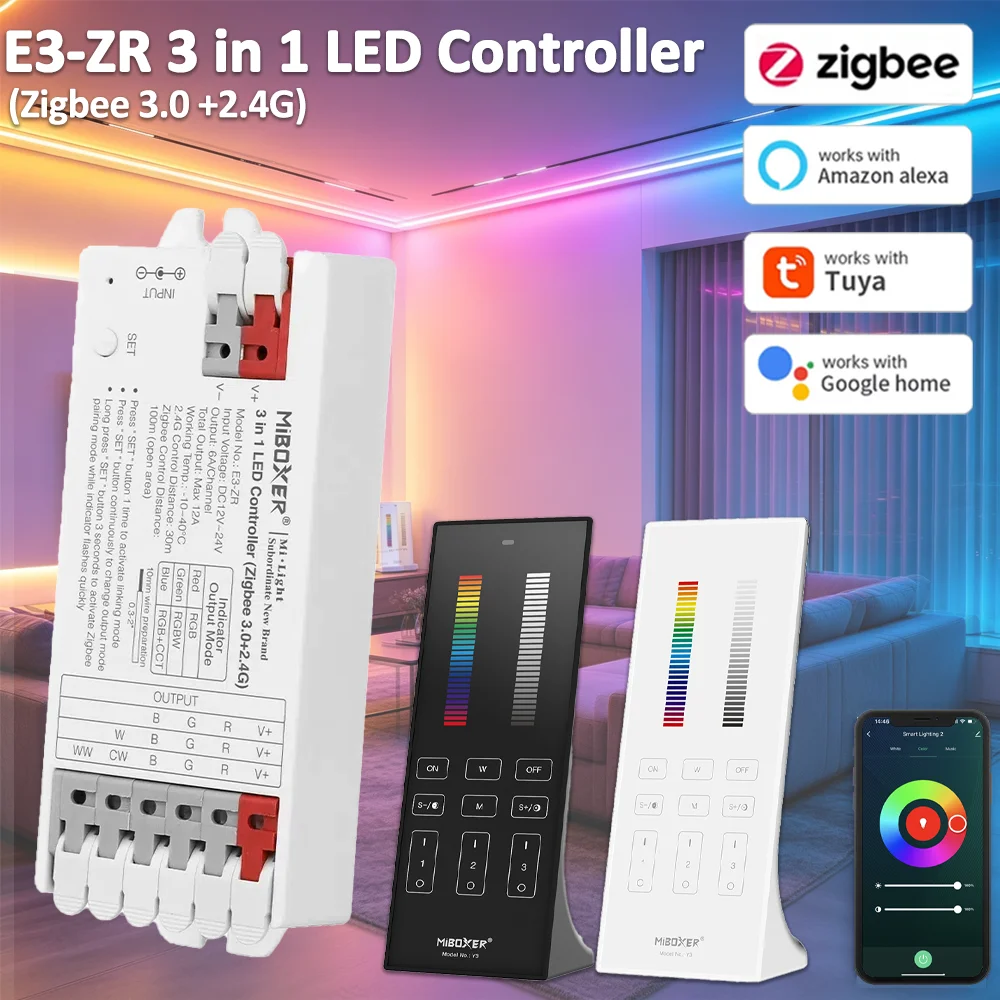 Miboxer E3-ZR 3in1 LED Controller Zigbee 3.0+2.4G RGB/RGBW/RGB+CCT LED Strip Light Lamp Dimmer 2.4G RF Remote Control for Alexa