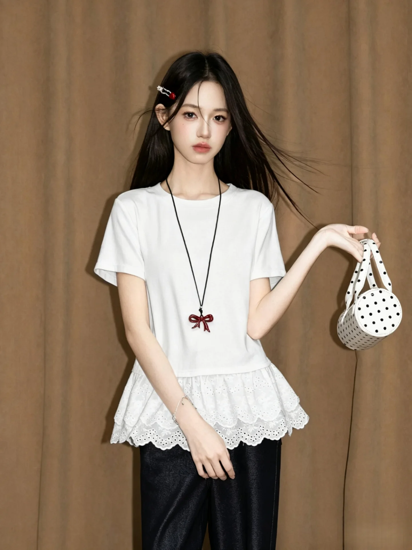 Summer New Women's round Neck Short Sleeve T-shirt 95 Cotton Lace Hem Slim Fit Shoulder Top Comfortable Breathable Casual Wear