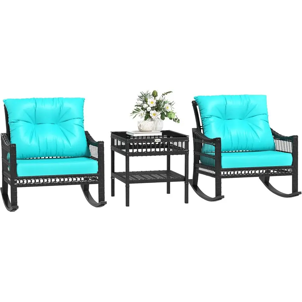 

3-Piece Outdoor Wicker Rocking Chair Set with Cushions and Storage Coffee Table, Turquoise