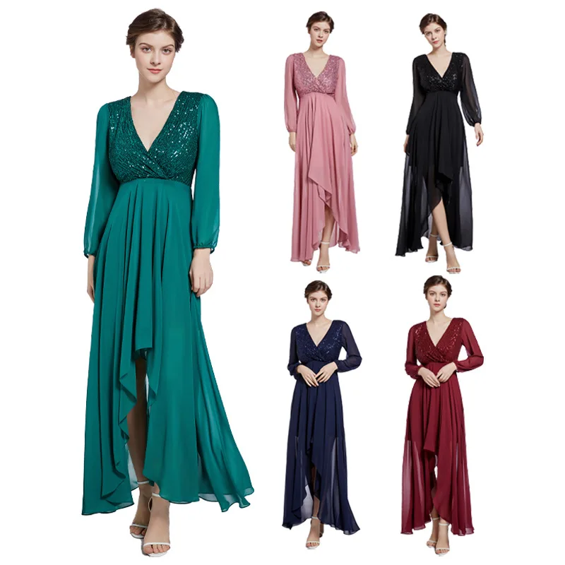 Elegant Sequin Evening Dress Adult Women's Ceremony Maids Dress Party Host Performance Gown Polyester Fiber Nine-Quarter Sleeve