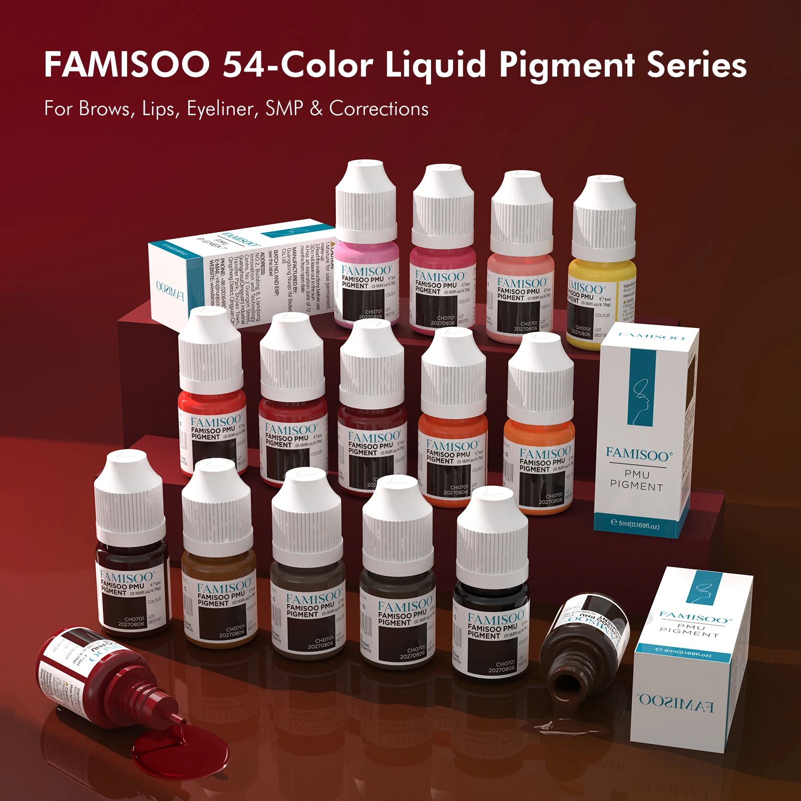 FAMISOO 54 Color 5ml Permanent Makeup Pigment Liquid Pigment Series Tattoo Inks For Brows, Lips, Eyeliner, SMP & Corrections
