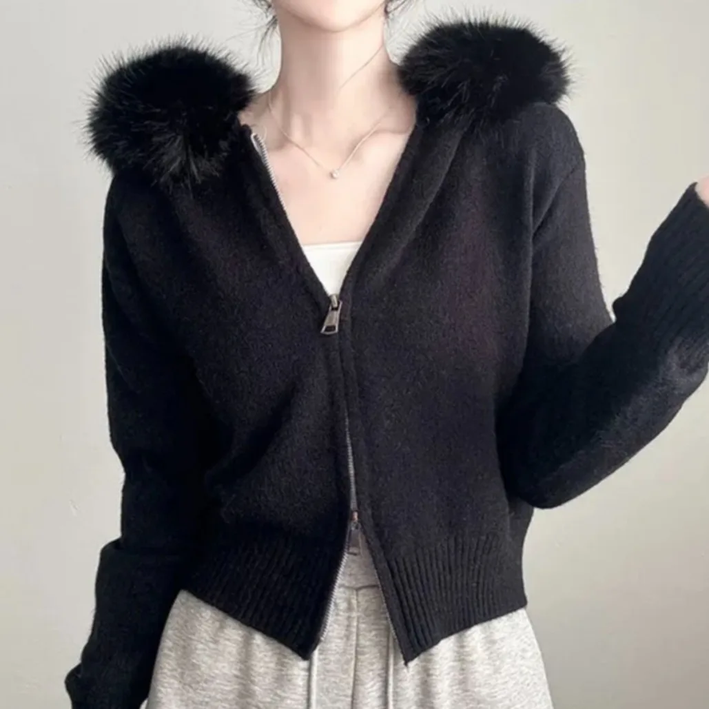 Chic autunno inverno lavorato a maglia lungo Sve cappotto con cerniera con cappuccio da donna Faion coreano Sle taglio dritto top di piccole dimensioni