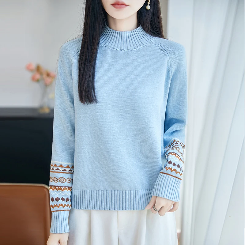 Autumn and Winter New 100% Cotton Women's Sweater Casual Jacquard Half High Collar Pullover Korean Loose Knitted Women's Top
