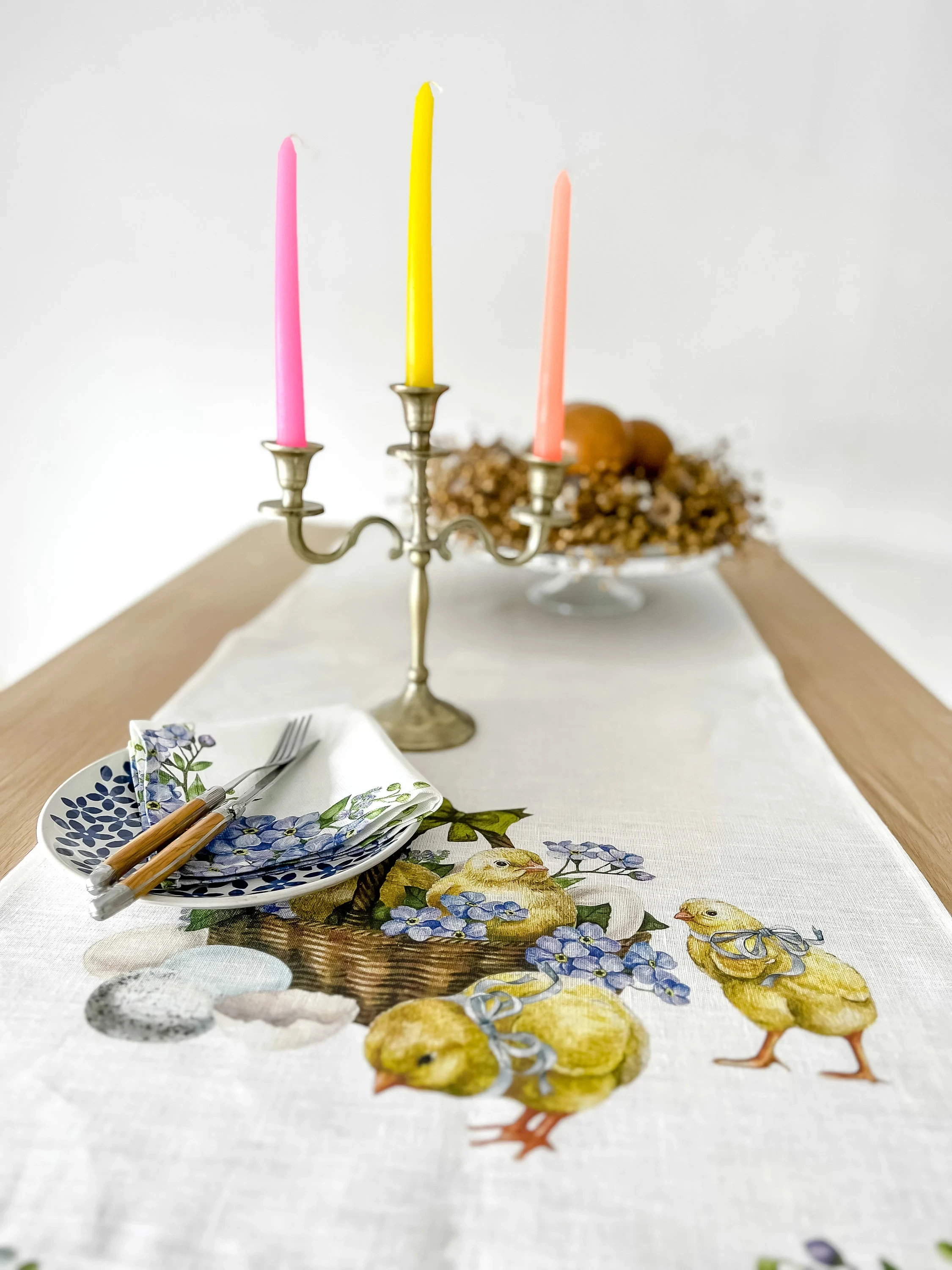 

Linen Easter Table Runner with Chick & Egg Basket Print, Spring Holiday Table Decor for Home Dining Room, Easter Gift