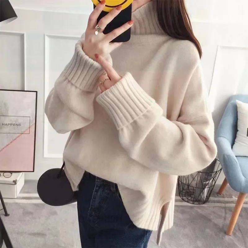 

Turtleneck sweater women's autumn and winter solid color pullover knitted sweater long sleeves thin and loose