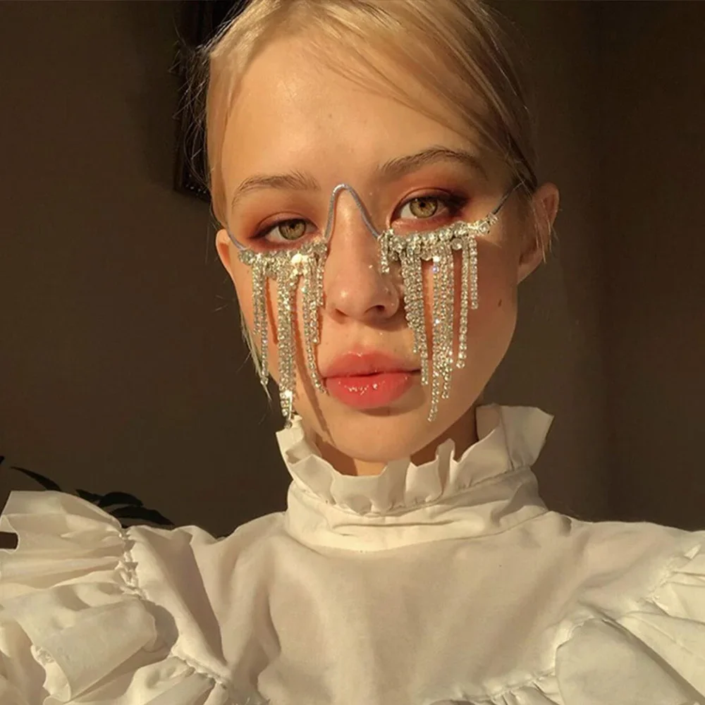 

Fashion Tassel Half Metal Glasses Frame for Women Crystal Face Chain Jewelry Eyewear Kpop Makeup Rhinestone Accessory No Lens