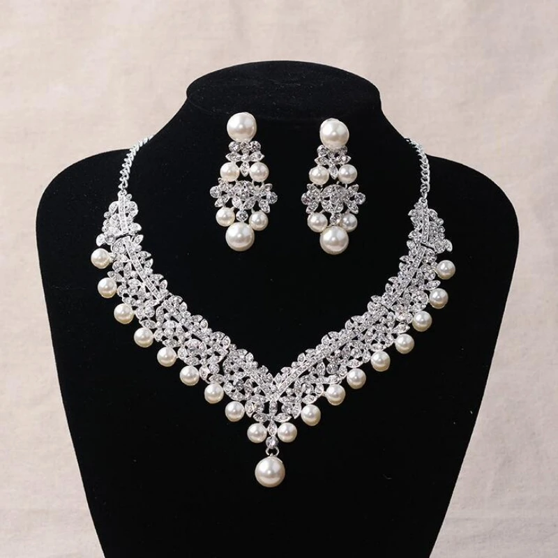 Luxury Pearl Crystal Necklace Earring Set Rhinestone Bridal Jewelry Set Bridal Wedding Accessories Jewelry Necklace Earring Set