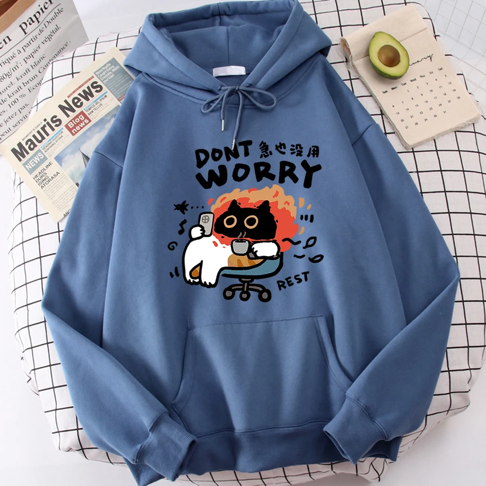 Cartoon Cat Slogans Are Urgent And Useless Mens Hoodies Comfort Graphic Pullover Leisure Pattern Hoodie Home Normcore Clothes