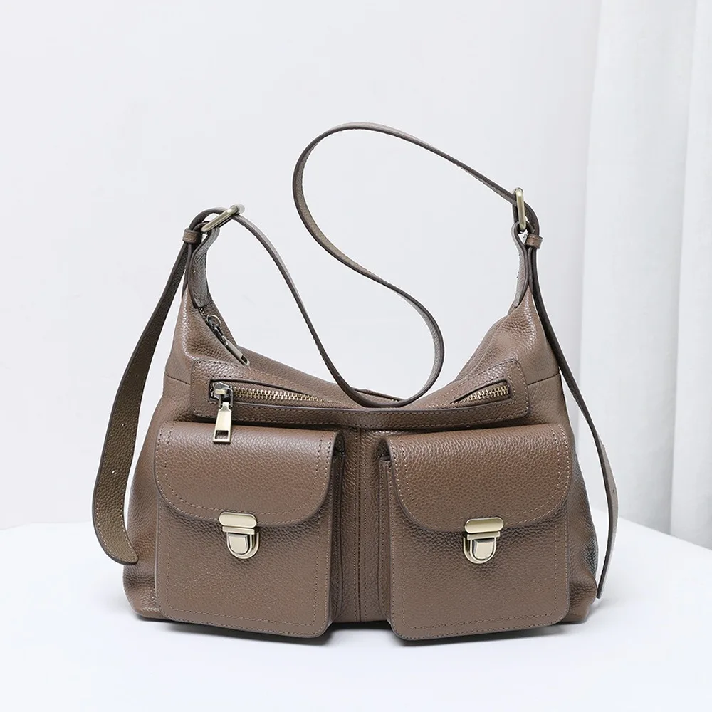 

First Layer Cowhide Multi-compartment Commuter Mailman Women Bag Versatile Single Shoulder Underarm Messenger Bag Large Capacity