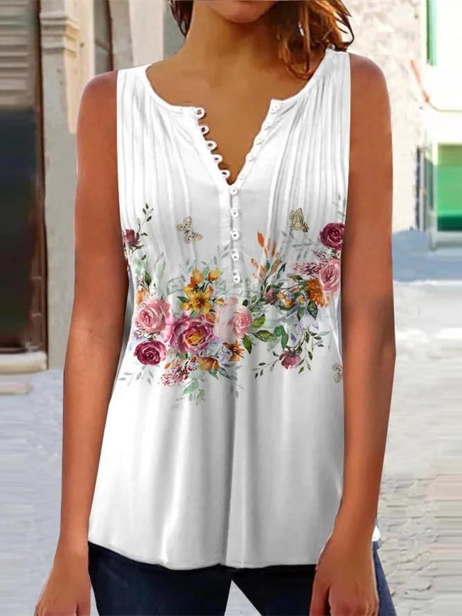 Plus Size Women Sleeveless V-neck Floral Printed Top