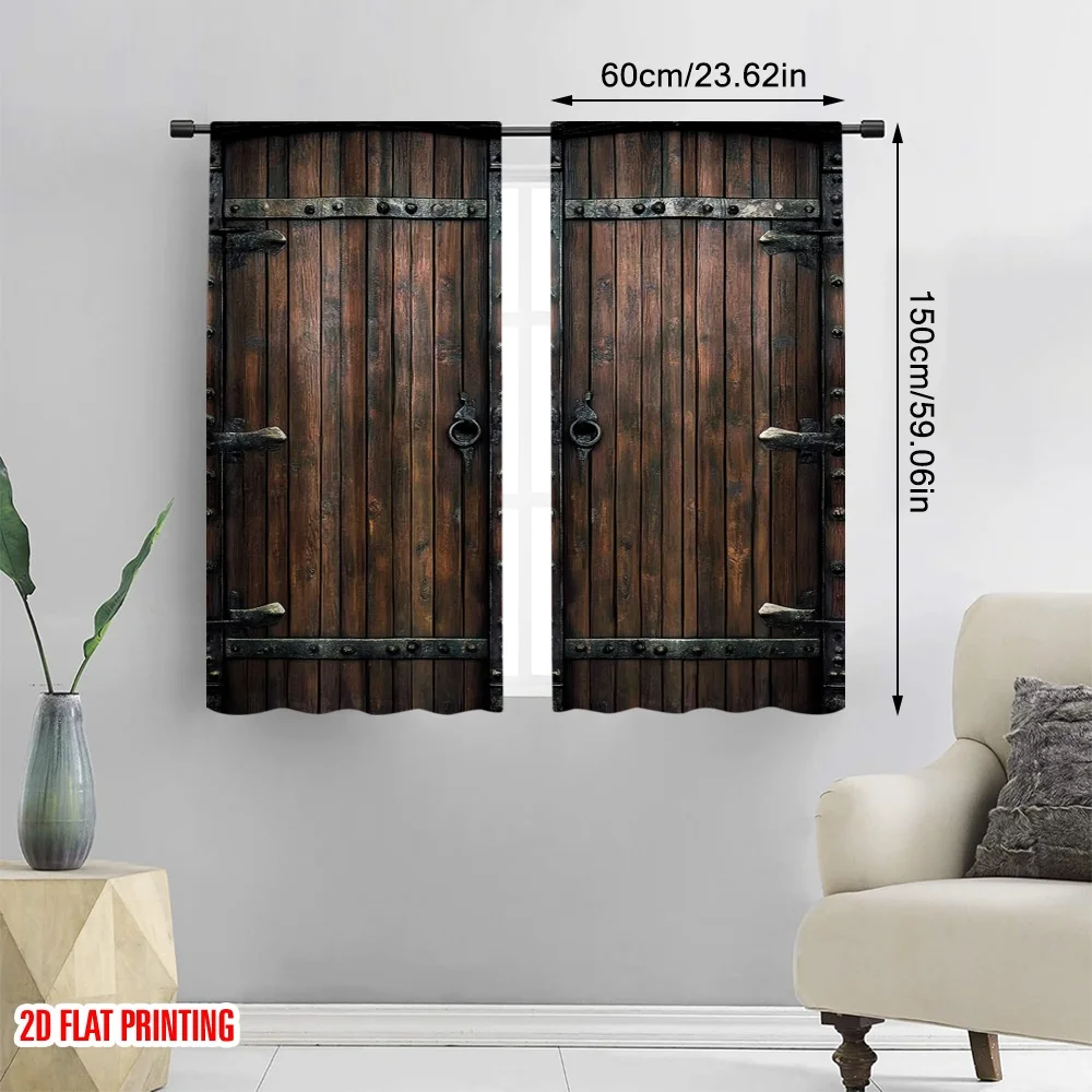 2pcs 2D flat printing Scene Curtain Nostalgic style wooden door Polyester Without Electricity Festive Holiday Perfect for