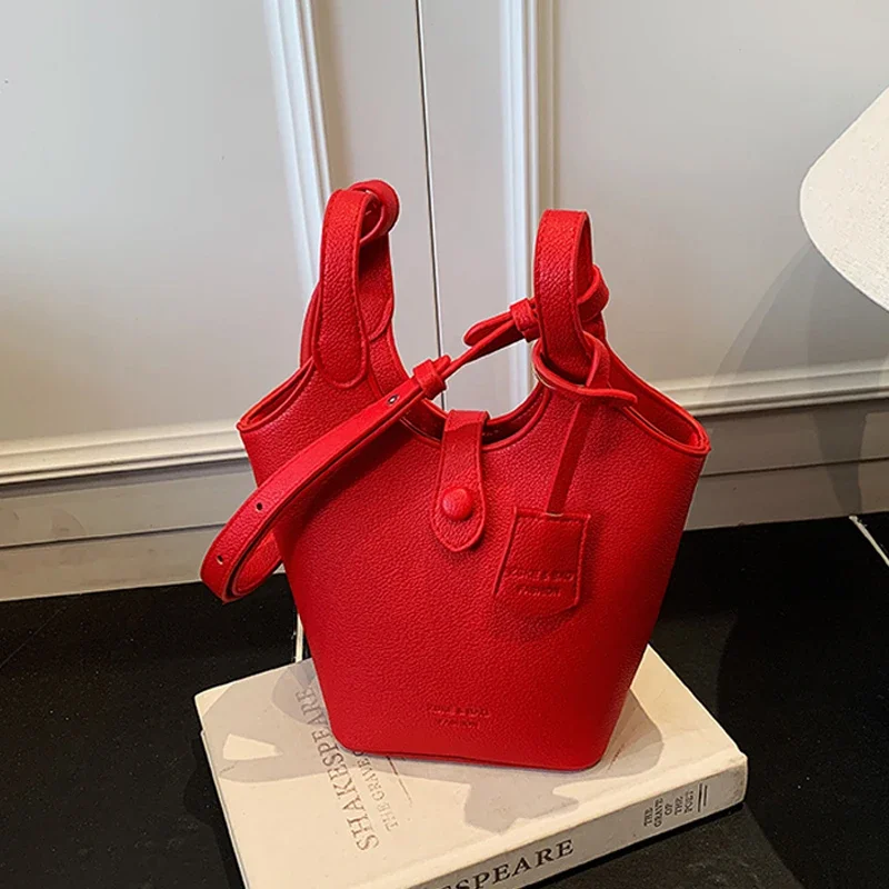 

Summer Women's Fashion Red Bucket Bag New High Quality Magnetic Buckle Single Shoulder Crossbody Bags Casual PU Handbags